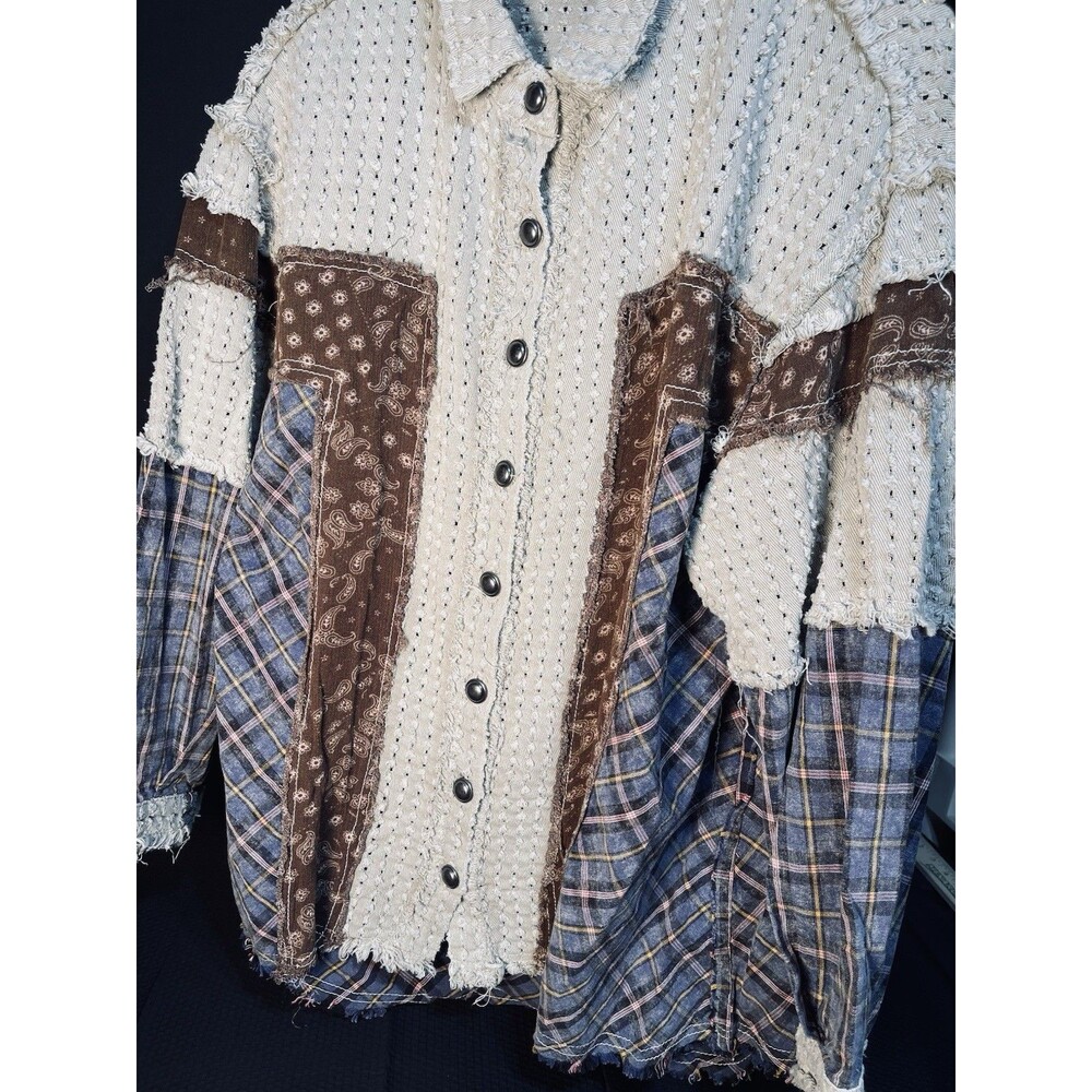 POL Women’s Size Small Plaid Patchwork Button Front Tunic Raw Edge Cotton 0484 - Picture 2 of 6